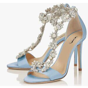 XYD Light Blue High Heel Wedding Rhinestones T-Strap Crystal Open Toe Sandals